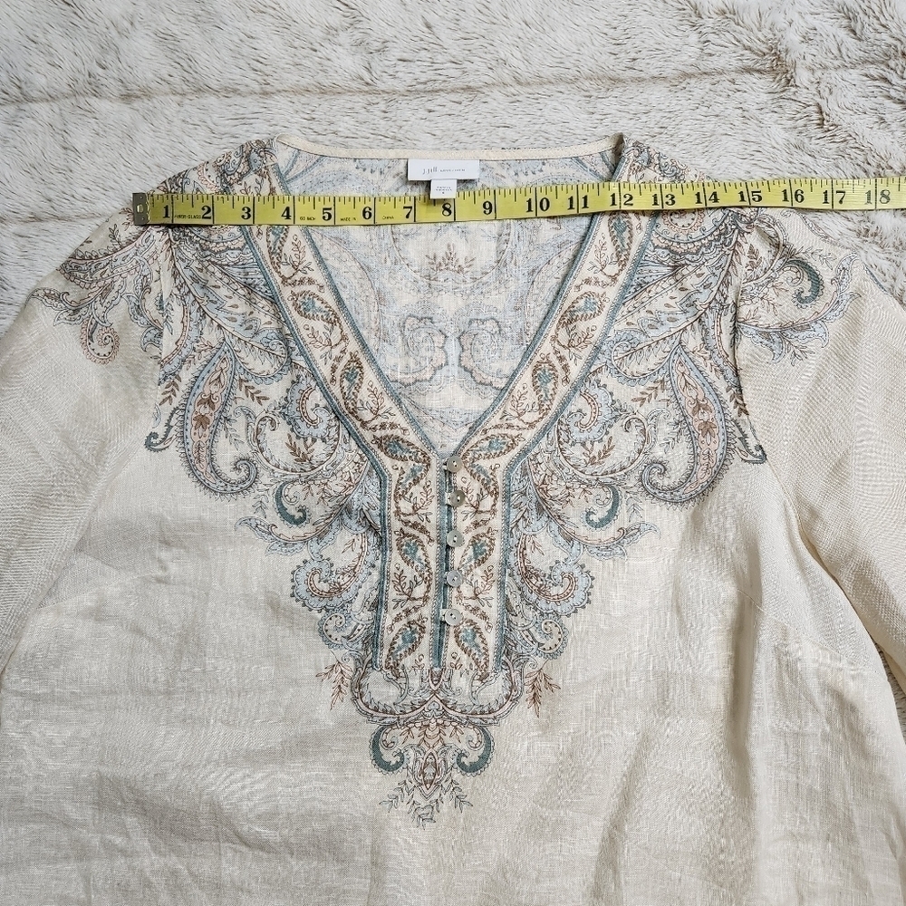 Shirt pullover 100% Linen Paisley BOHO Cream color and blues Size S-M J.JILL - Picture 10 of 14